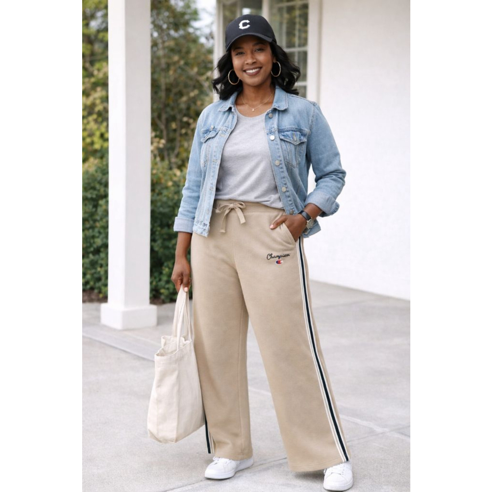 Champion Wide Leg Sweatpants 2X Beige Stripe Logo Athleisure Lounge Pants Plus